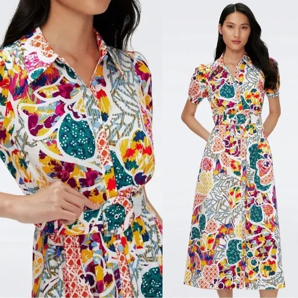 Diane Von Furstenberg Paddy Printed Cotton Blend Poplin Midi Shirt Dress Large - Picture 1 of 11